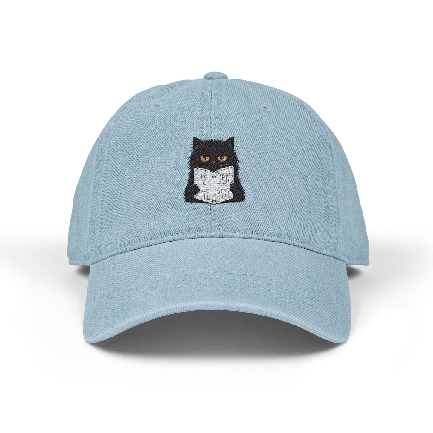Embroidered Denim Hat - Cat Reading Newspaper 'Is He Dead Yet'