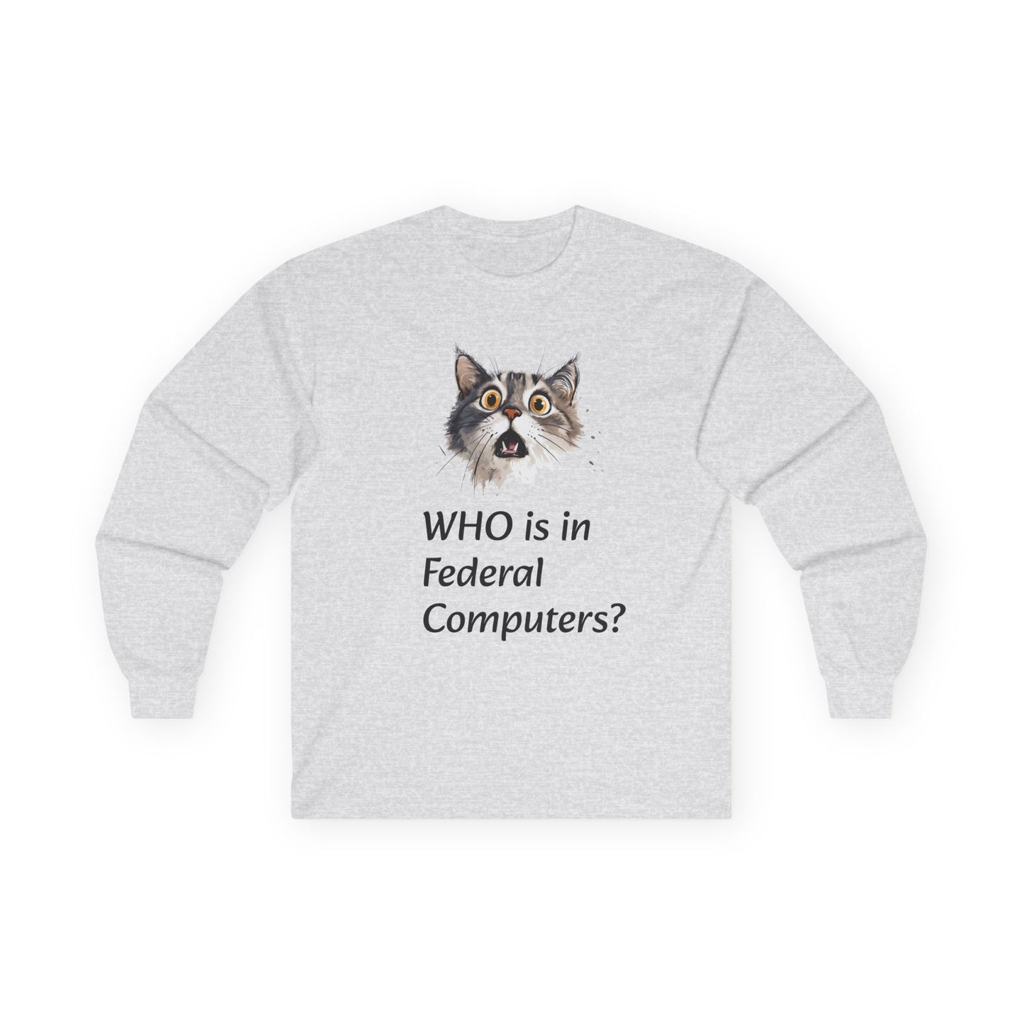 Funny Cat Long Sleeve Tee - 'WHO is in Federal Computers?"