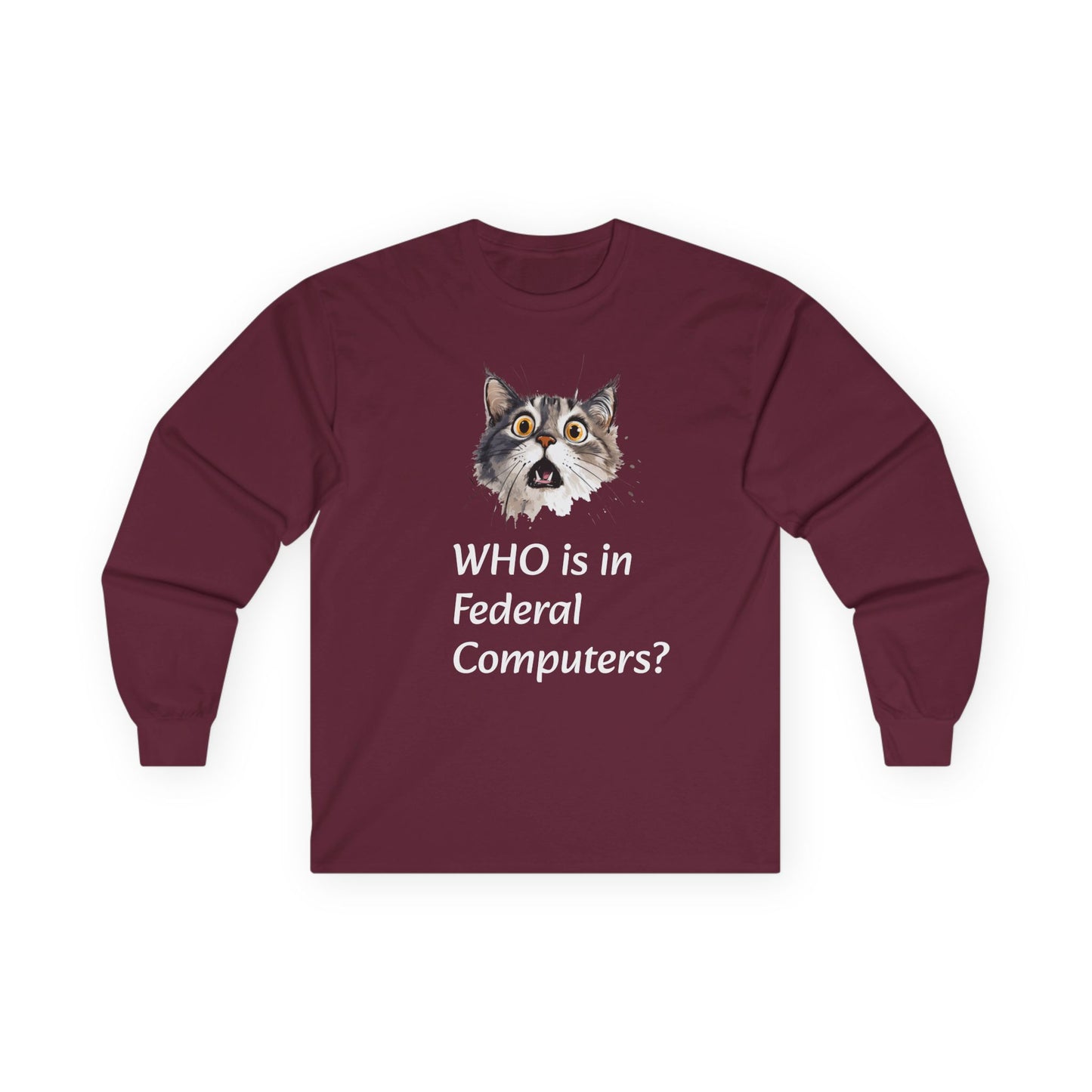Funny Cat Long Sleeve Tee - 'WHO is in Federal Computers?"