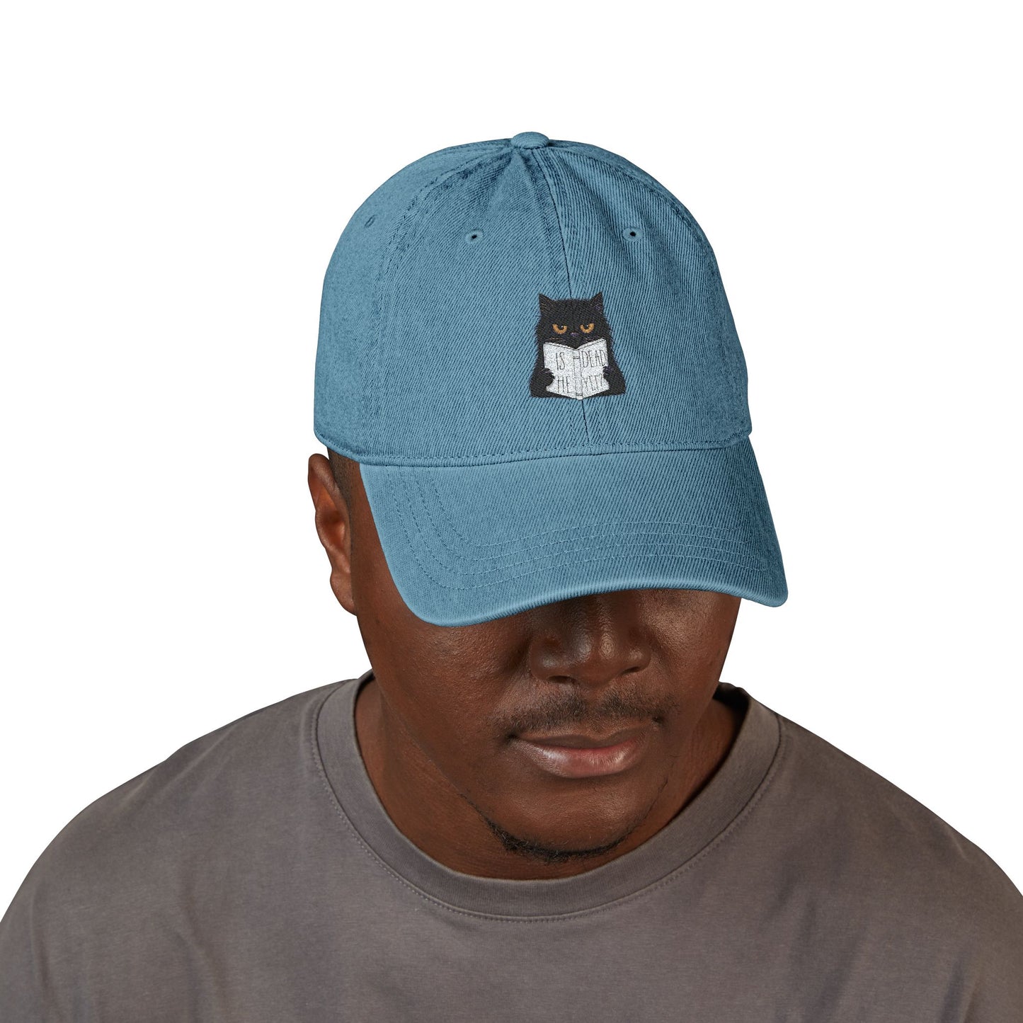 Embroidered Denim Hat - Cat Reading Newspaper 'Is He Dead Yet'
