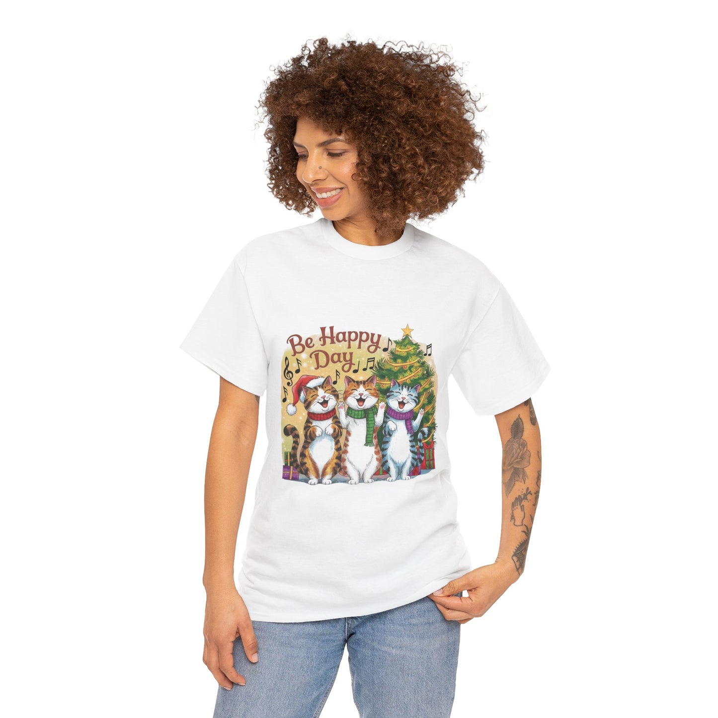 Be Happy Day Unisex Heavy Cotton Tee - Festive Cat Design