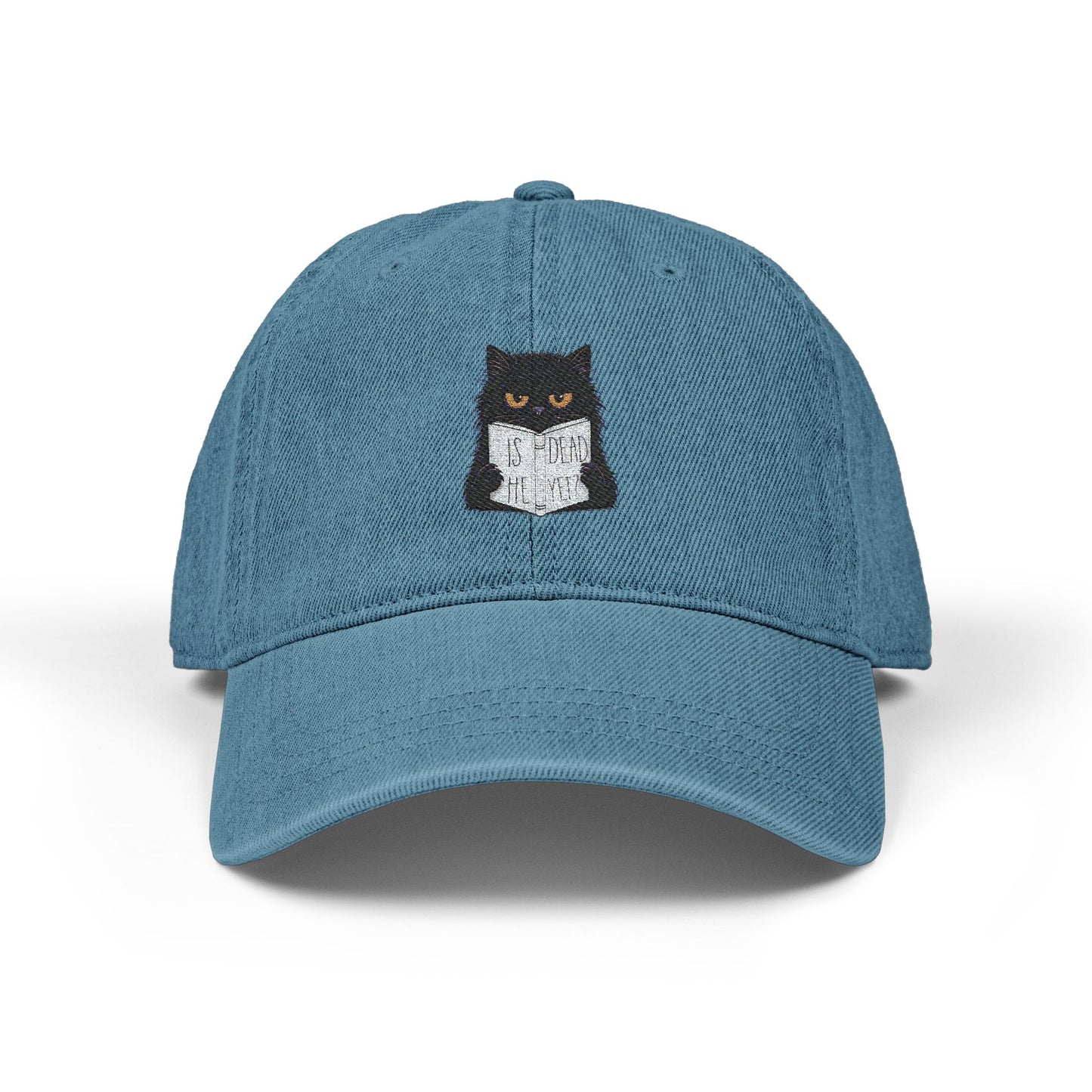 Embroidered Denim Hat - Cat Reading Newspaper 'Is He Dead Yet'