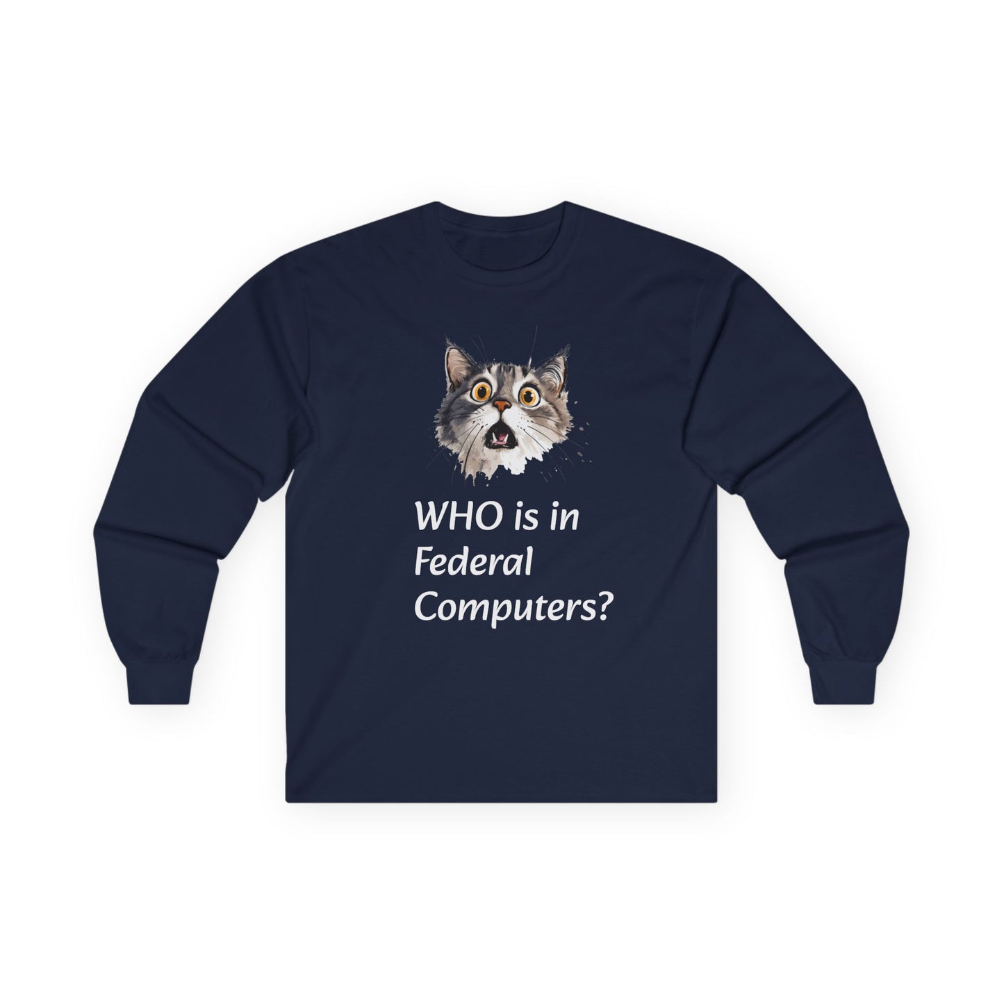Funny Cat Long Sleeve Tee - 'WHO is in Federal Computers?"