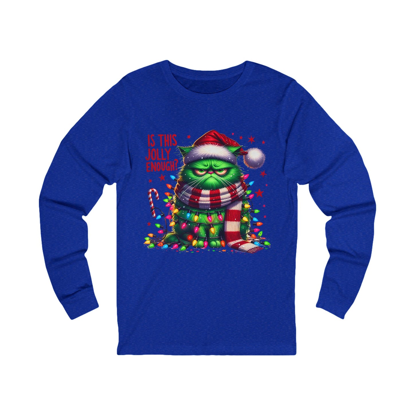 Festive Grinch Cat Long Sleeve Tee - "Is This Jolly Enough?" Holiday Apparel