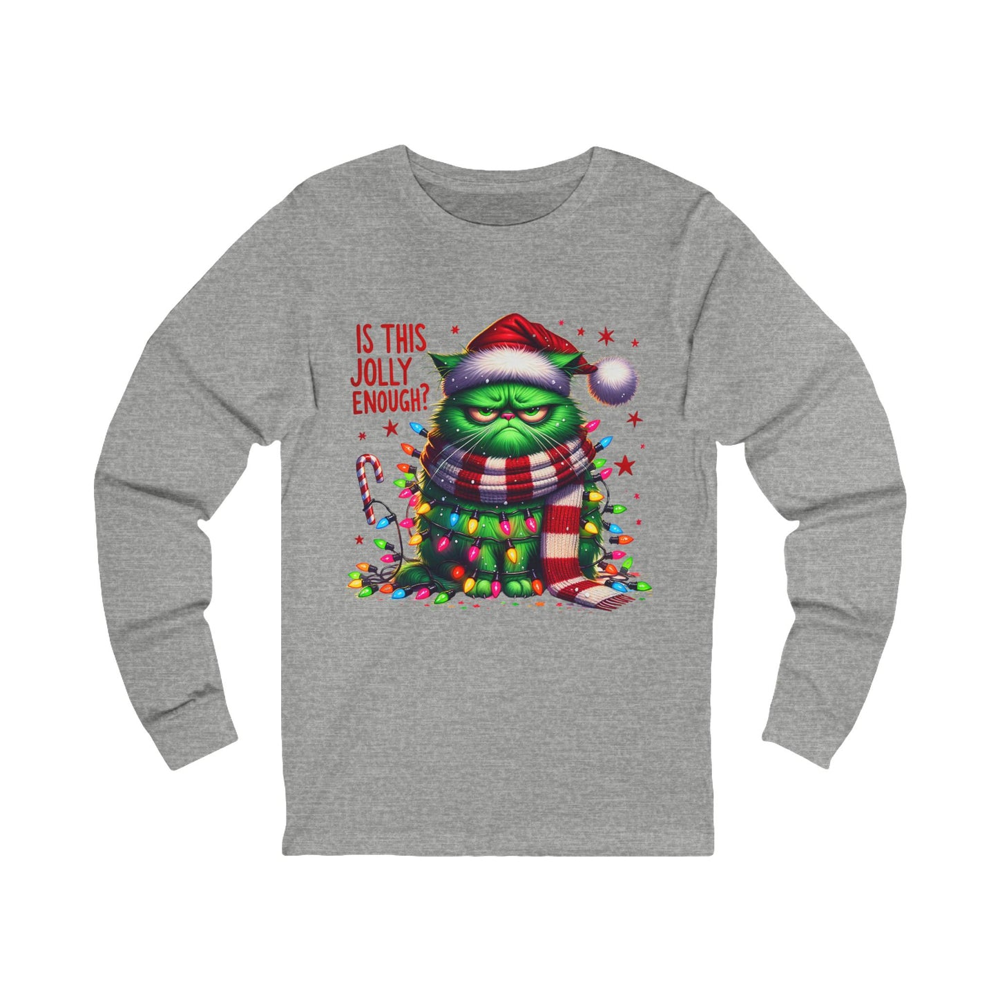 Festive Grinch Cat Long Sleeve Tee - "Is This Jolly Enough?" Holiday Apparel