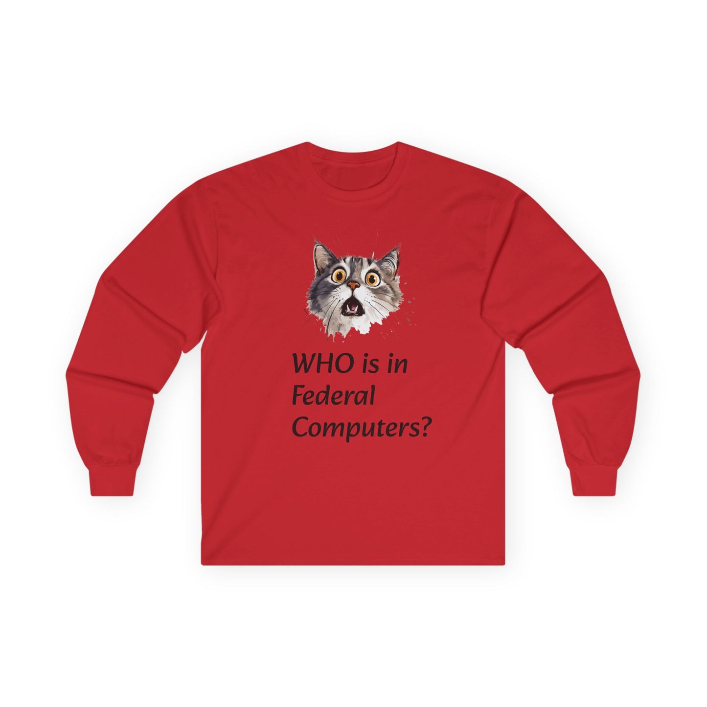 Funny Cat Long Sleeve Tee - 'WHO is in Federal Computers?"