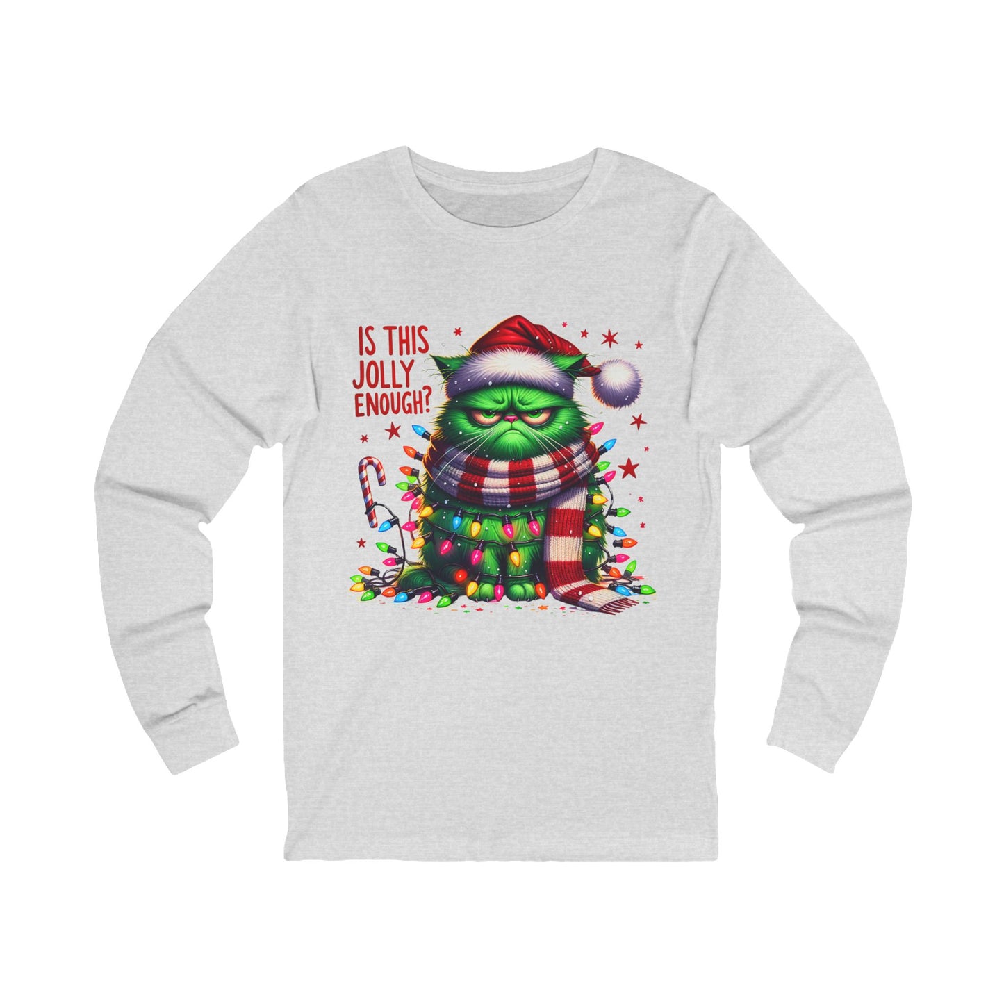 Festive Grinch Cat Long Sleeve Tee - "Is This Jolly Enough?" Holiday Apparel