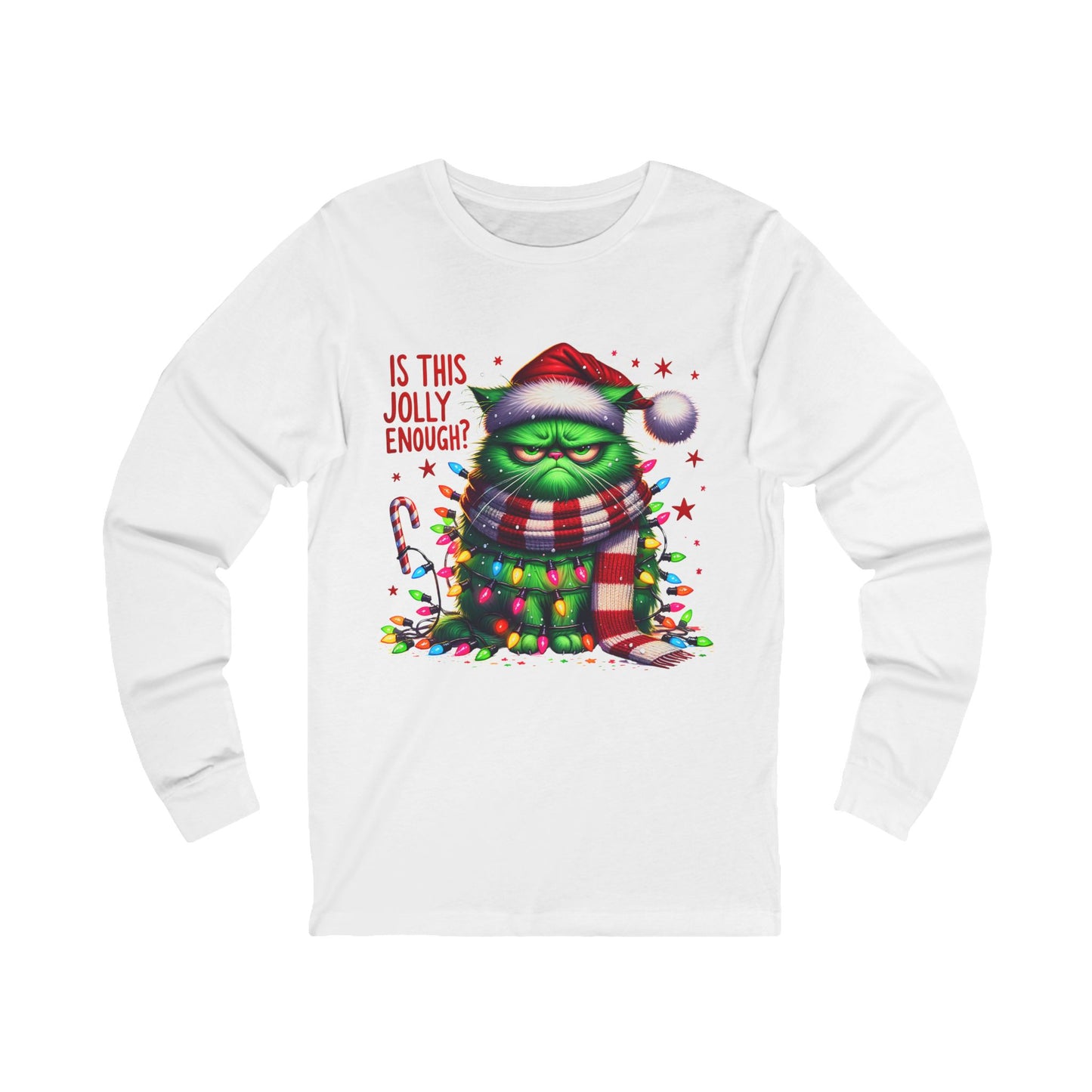Festive Grinch Cat Long Sleeve Tee - "Is This Jolly Enough?" Holiday Apparel
