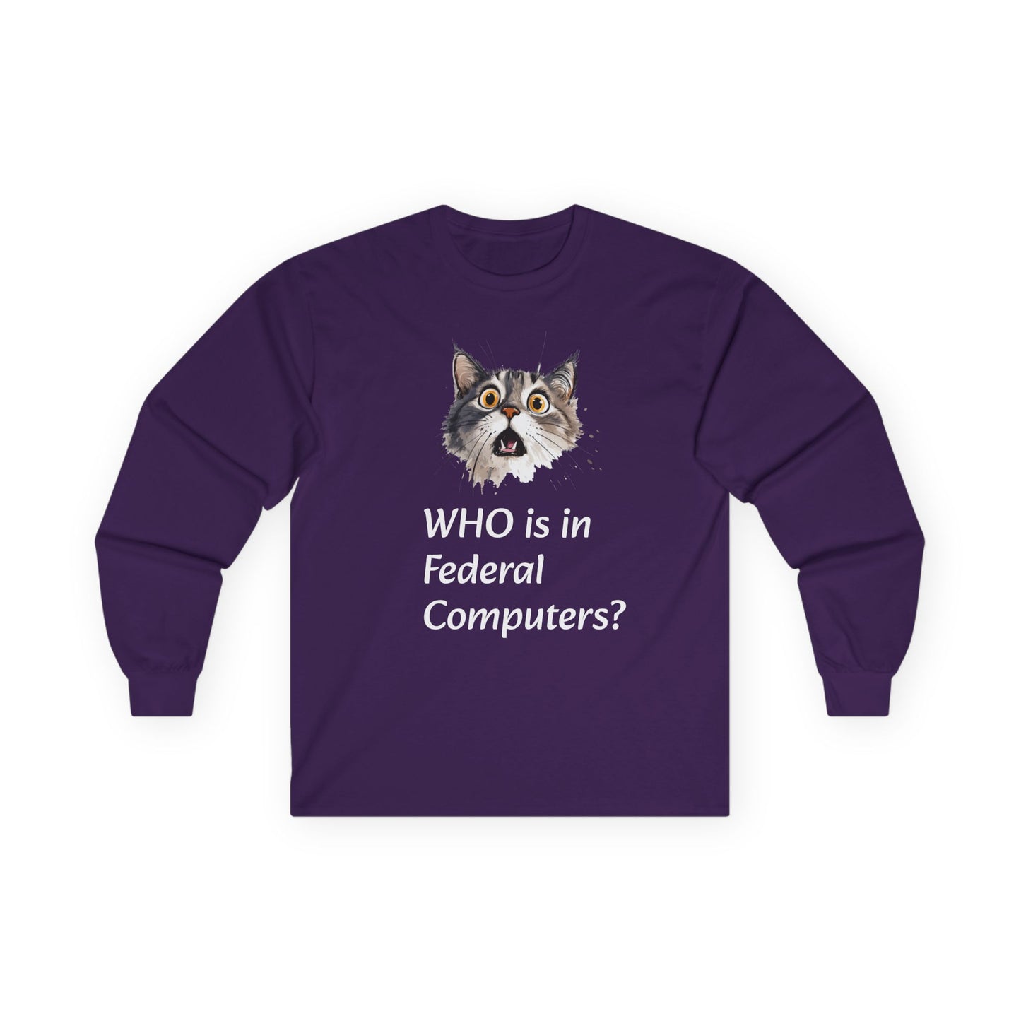 Funny Cat Long Sleeve Tee - 'WHO is in Federal Computers?"