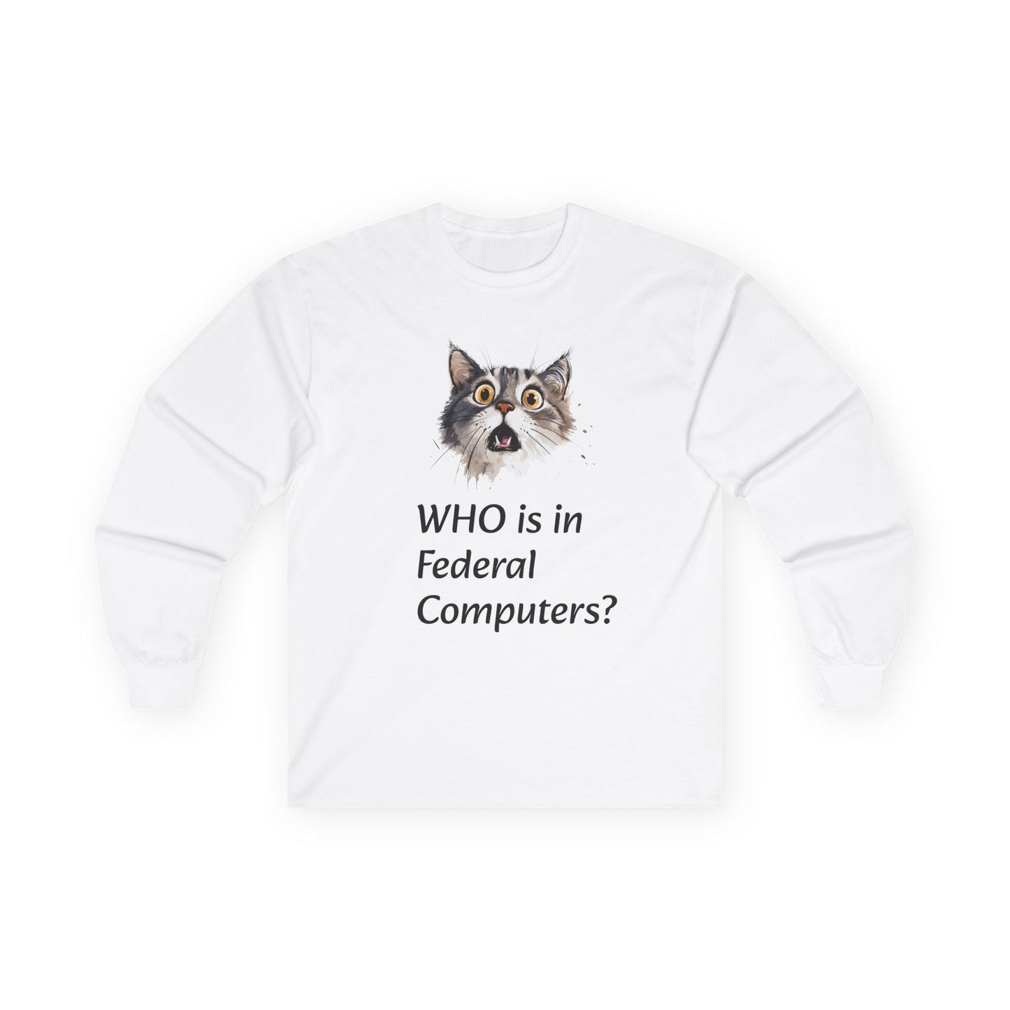 Funny Cat Long Sleeve Tee - 'WHO is in Federal Computers?"