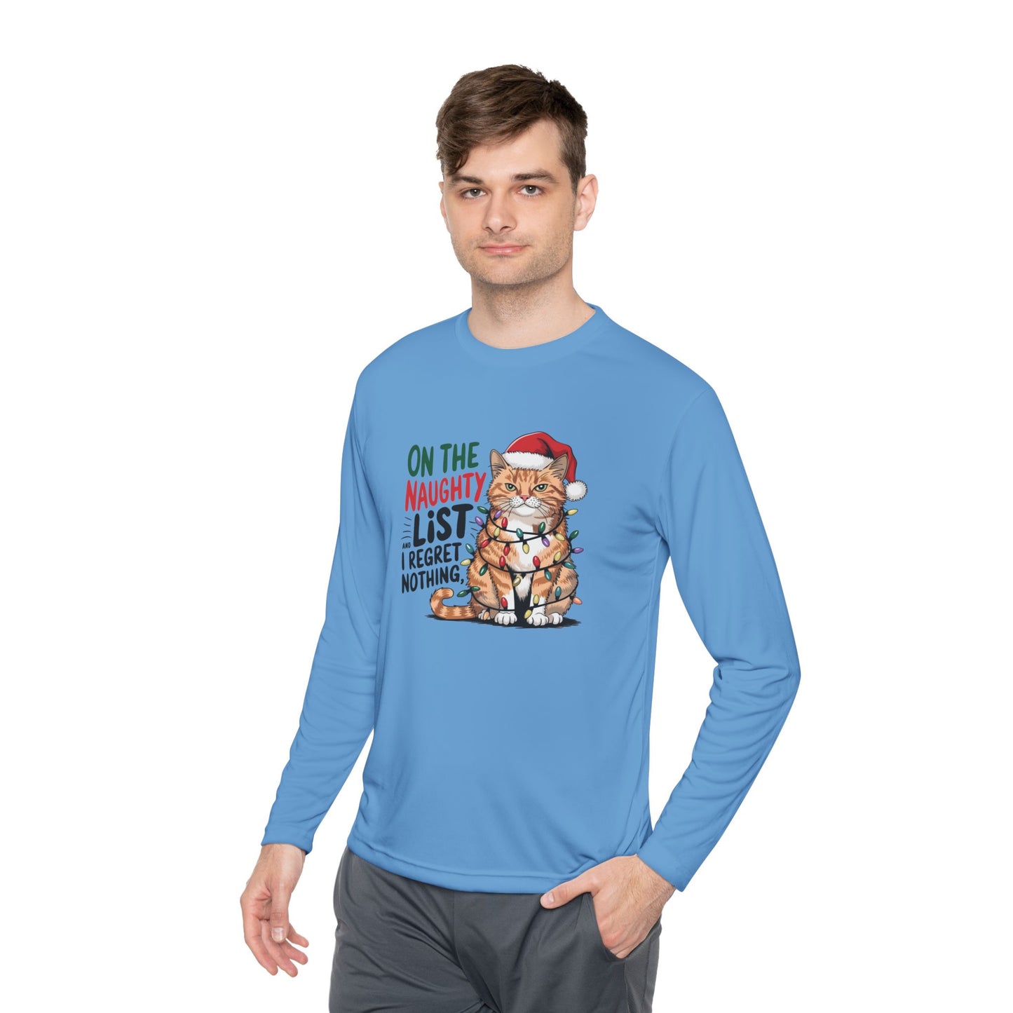 Holiday Cat Unisex Lightweight Long Sleeve Tee - 'On the Naughty List, I Regret Nothing'