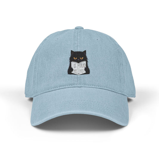 Embroidered Denim Hat - Cat Reading Newspaper 'Is He Dead Yet'