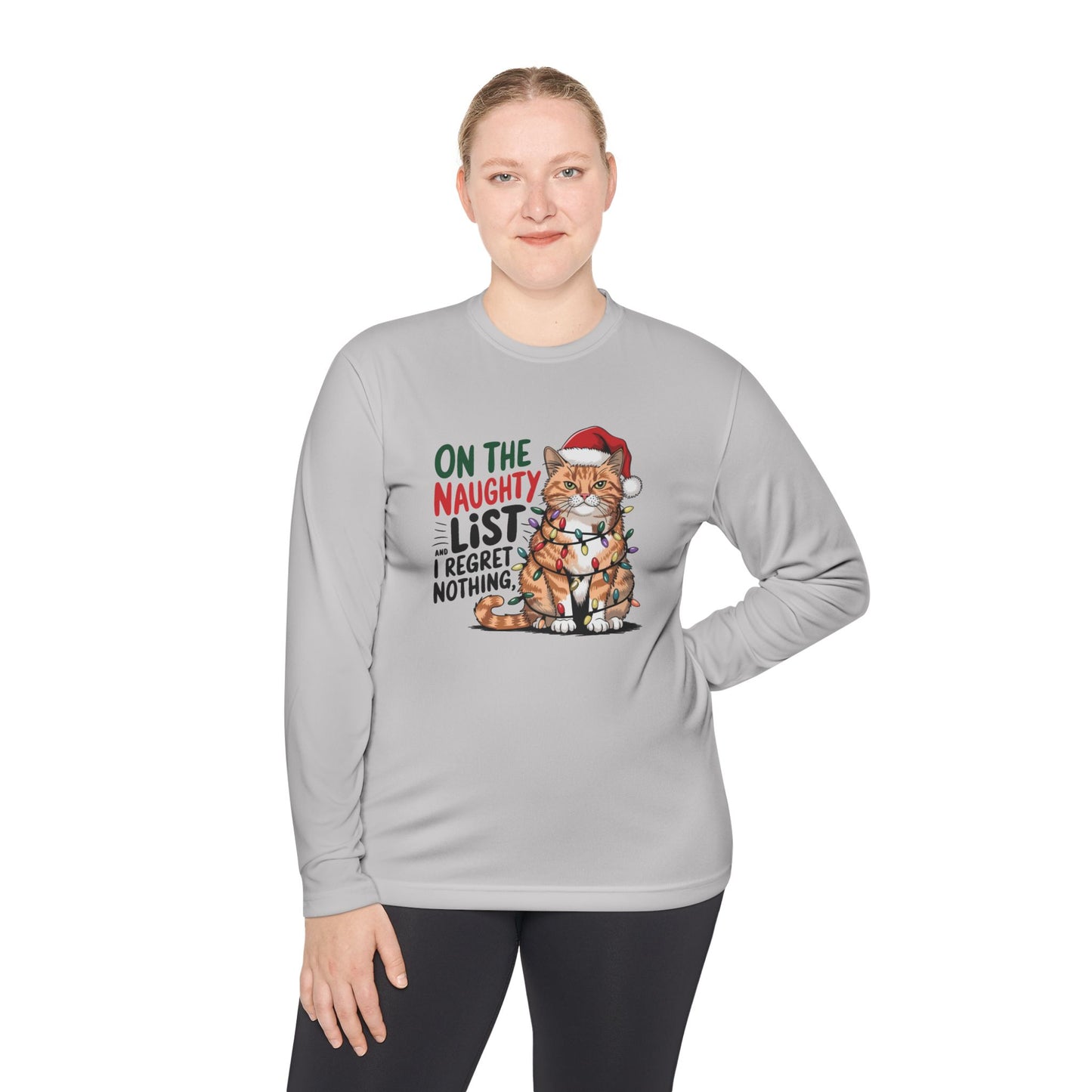 Holiday Cat Unisex Lightweight Long Sleeve Tee - 'On the Naughty List, I Regret Nothing'