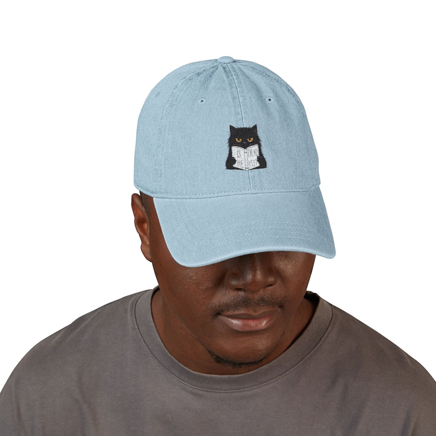 Embroidered Denim Hat - Cat Reading Newspaper 'Is He Dead Yet'