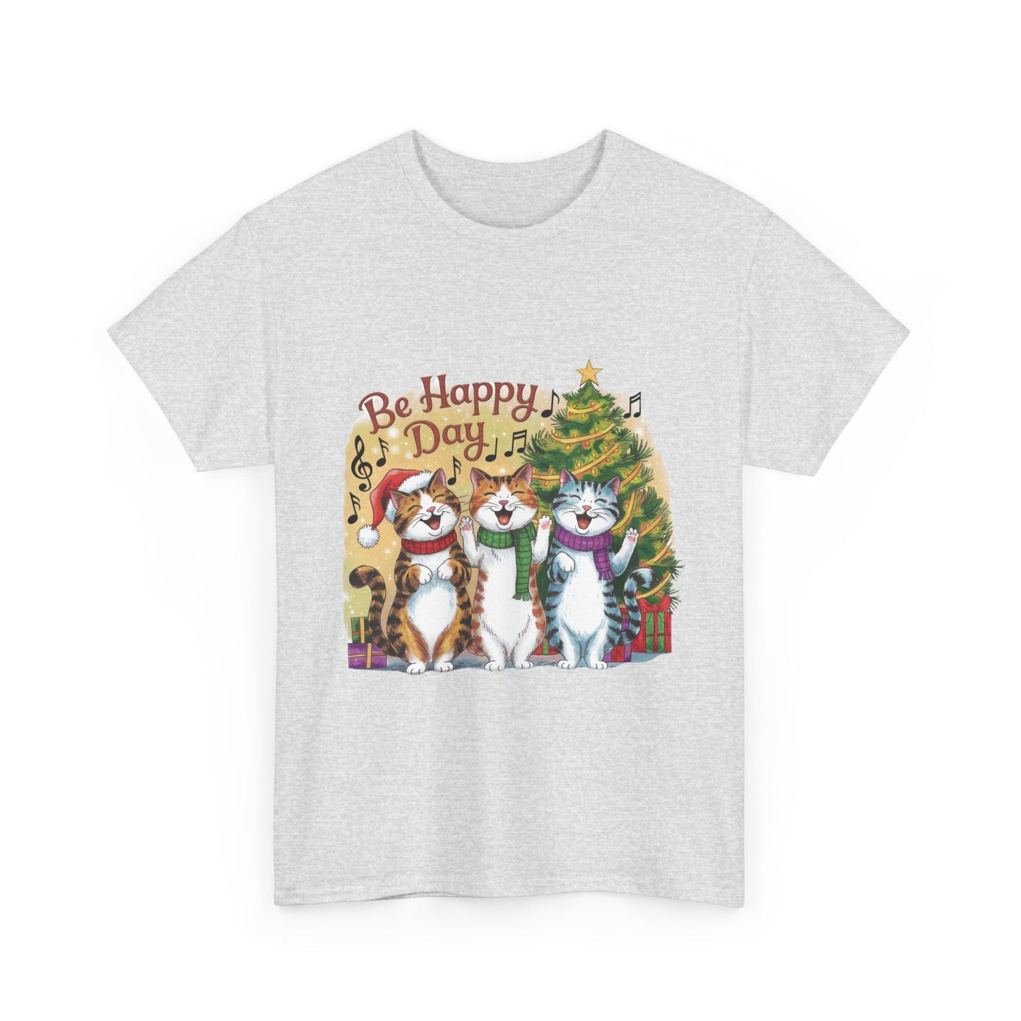 Be Happy Day Unisex Heavy Cotton Tee - Festive Cat Design