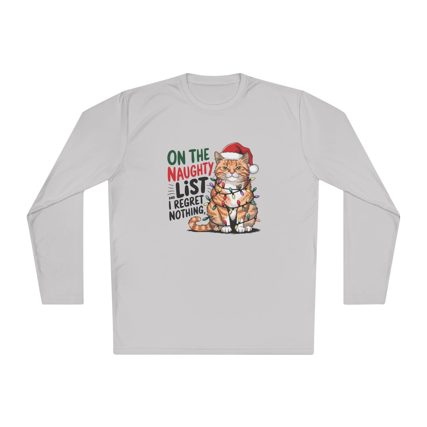 Holiday Cat Unisex Lightweight Long Sleeve Tee - 'On the Naughty List, I Regret Nothing'