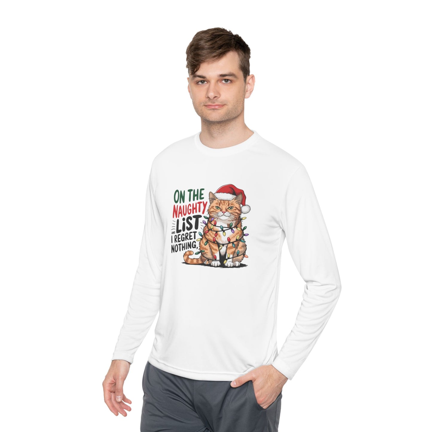 Holiday Cat Unisex Lightweight Long Sleeve Tee - 'On the Naughty List, I Regret Nothing'