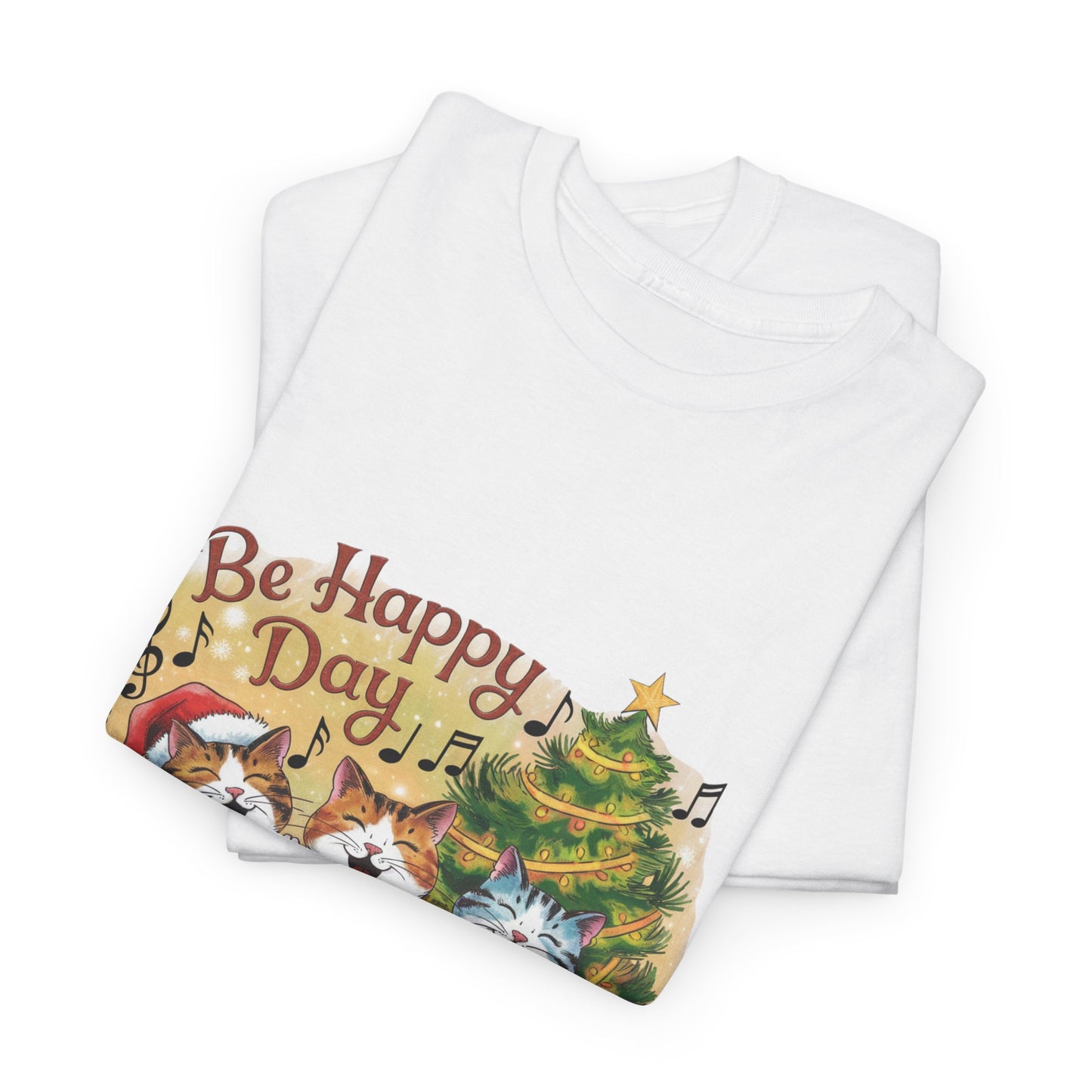 Be Happy Day Unisex Heavy Cotton Tee - Festive Cat Design