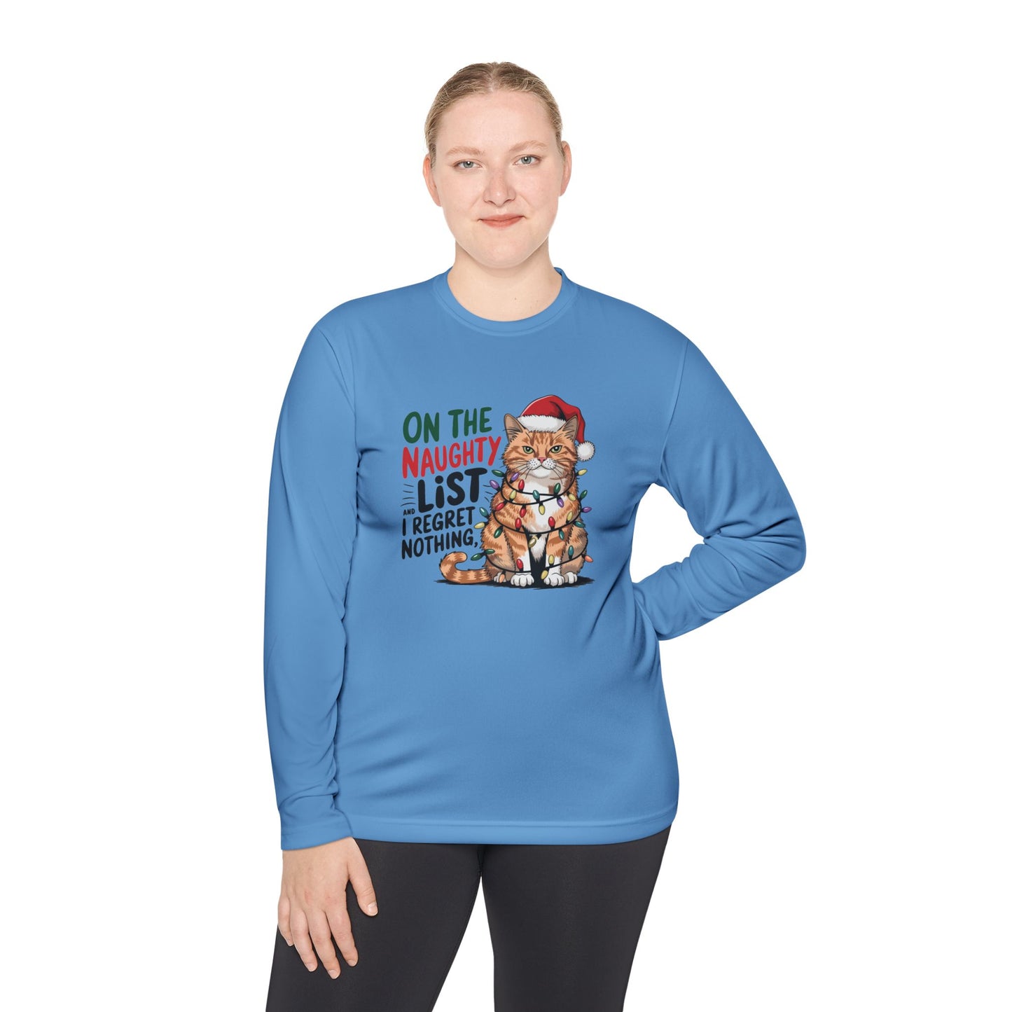 Holiday Cat Unisex Lightweight Long Sleeve Tee - 'On the Naughty List, I Regret Nothing'