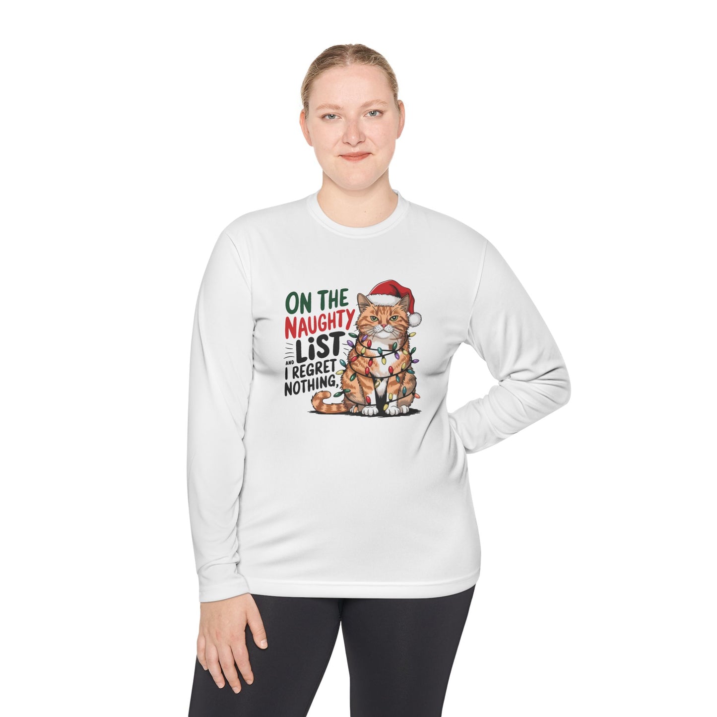 Holiday Cat Unisex Lightweight Long Sleeve Tee - 'On the Naughty List, I Regret Nothing'