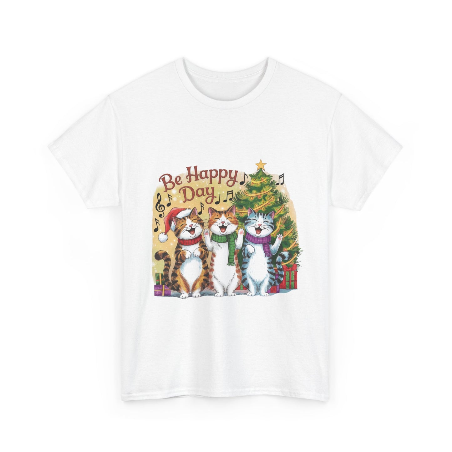 Be Happy Day Unisex Heavy Cotton Tee - Festive Cat Design