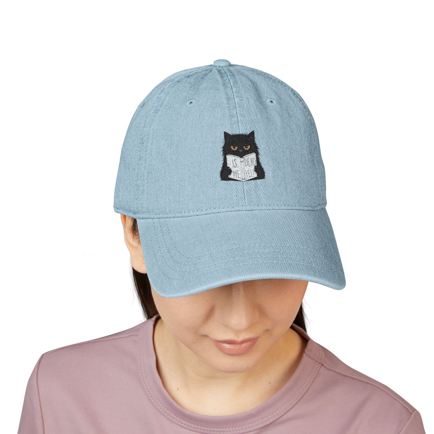 Embroidered Denim Hat - Cat Reading Newspaper 'Is He Dead Yet'