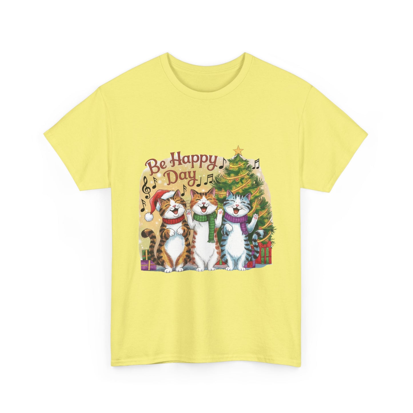 Be Happy Day Unisex Heavy Cotton Tee - Festive Cat Design