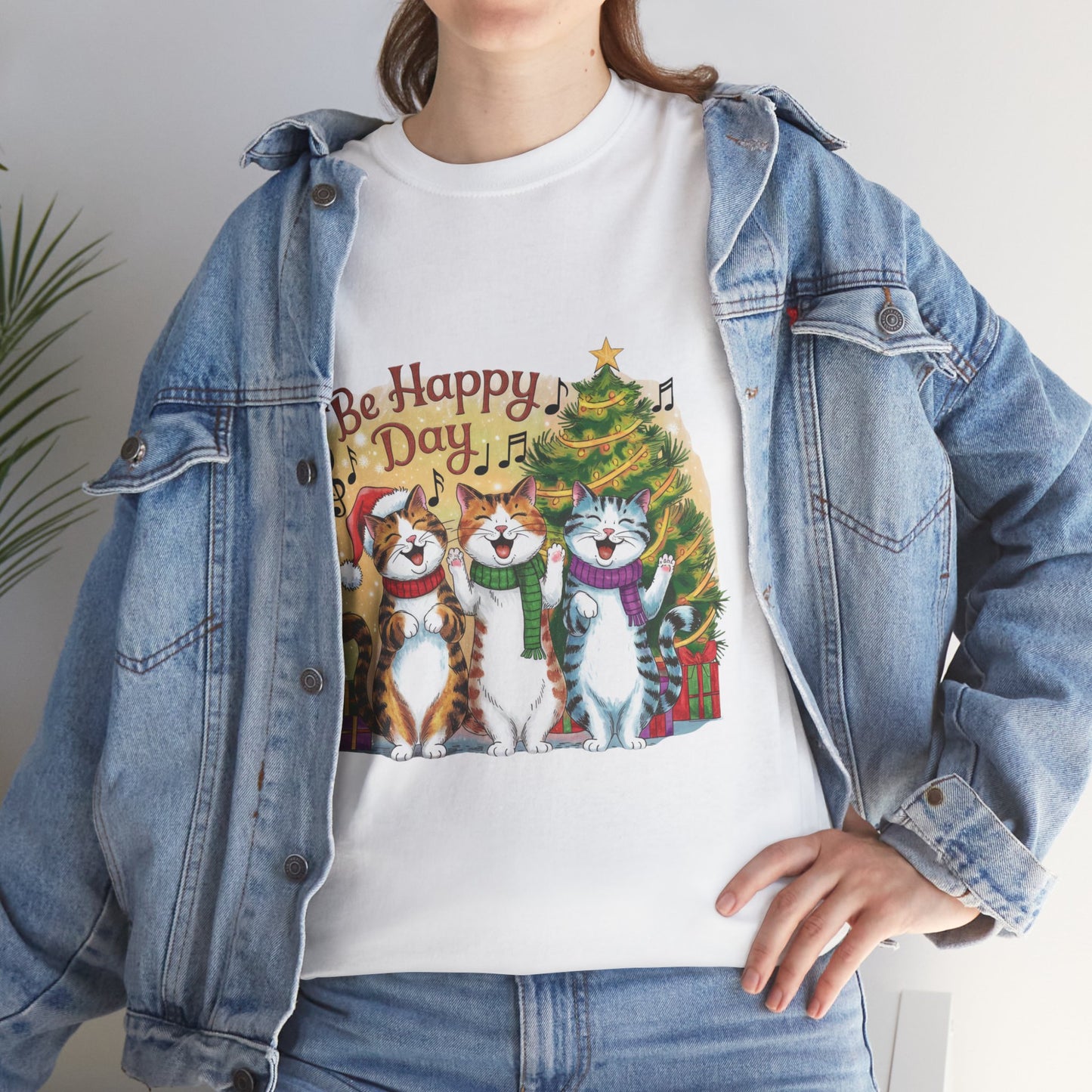 Be Happy Day Unisex Heavy Cotton Tee - Festive Cat Design