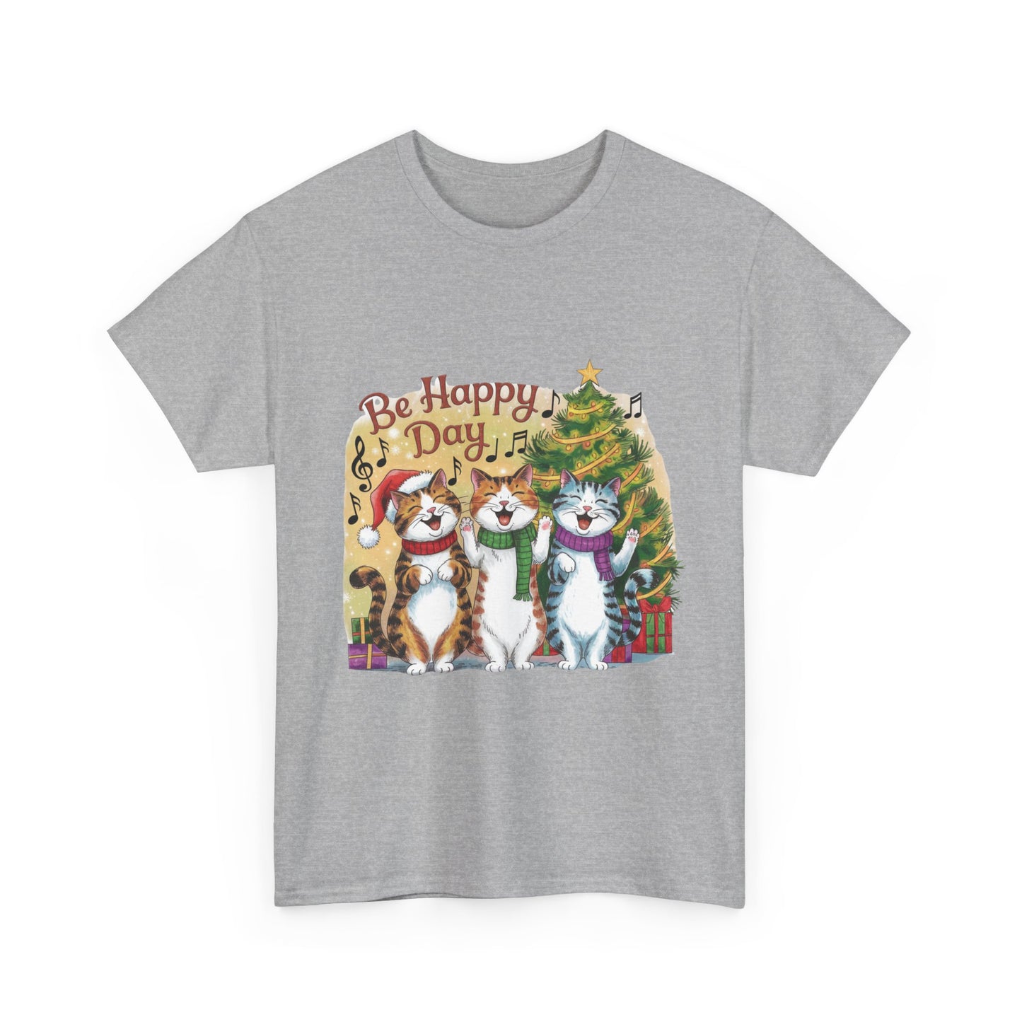 Be Happy Day Unisex Heavy Cotton Tee - Festive Cat Design