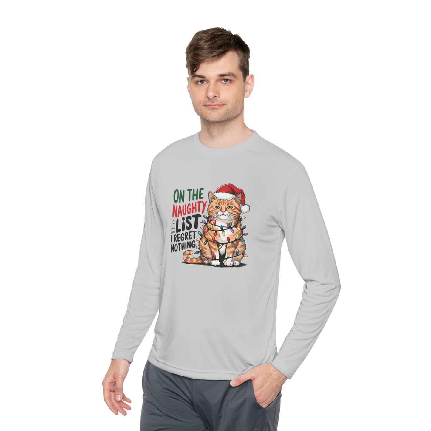 Holiday Cat Unisex Lightweight Long Sleeve Tee - 'On the Naughty List, I Regret Nothing'