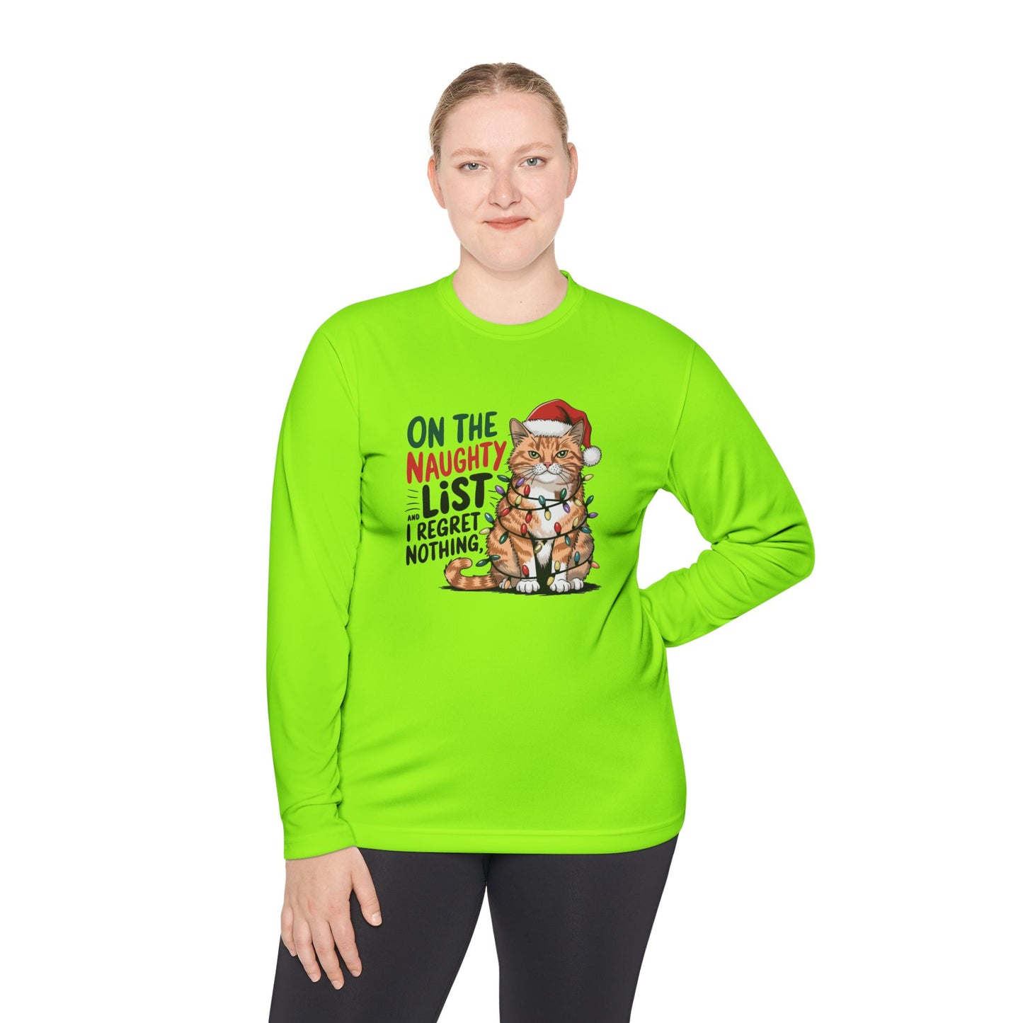 Holiday Cat Unisex Lightweight Long Sleeve Tee - 'On the Naughty List, I Regret Nothing'