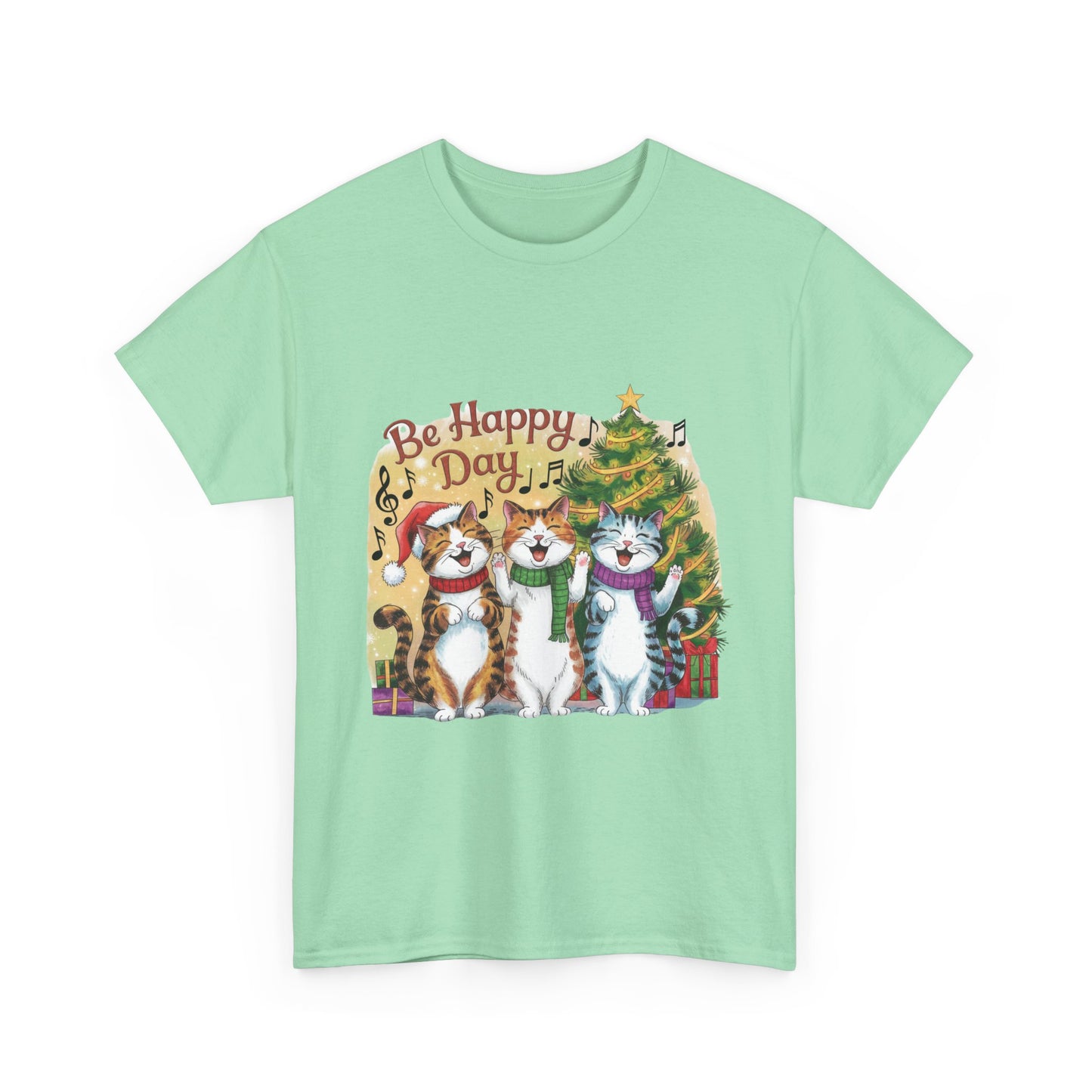 Be Happy Day Unisex Heavy Cotton Tee - Festive Cat Design