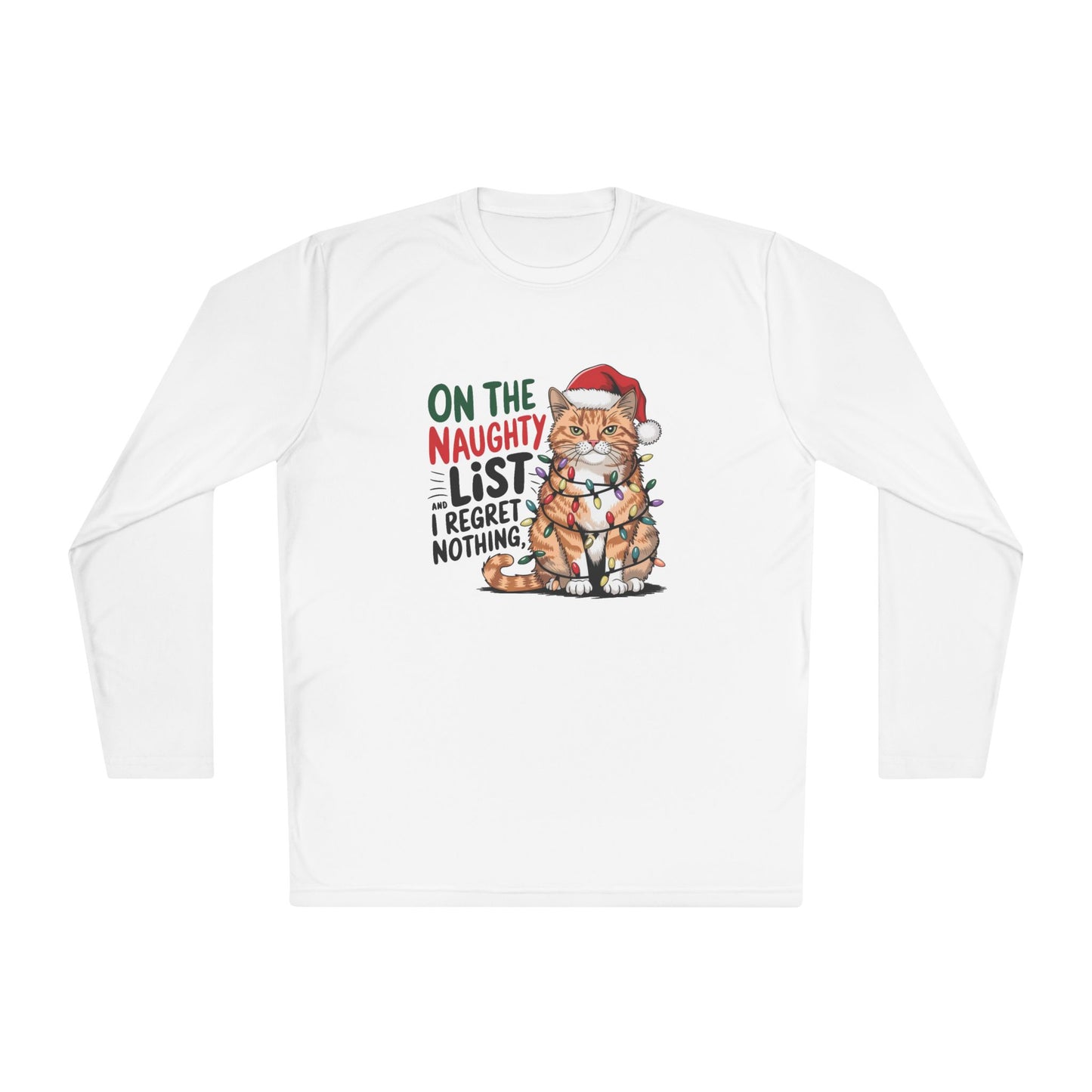 Holiday Cat Unisex Lightweight Long Sleeve Tee - 'On the Naughty List, I Regret Nothing'