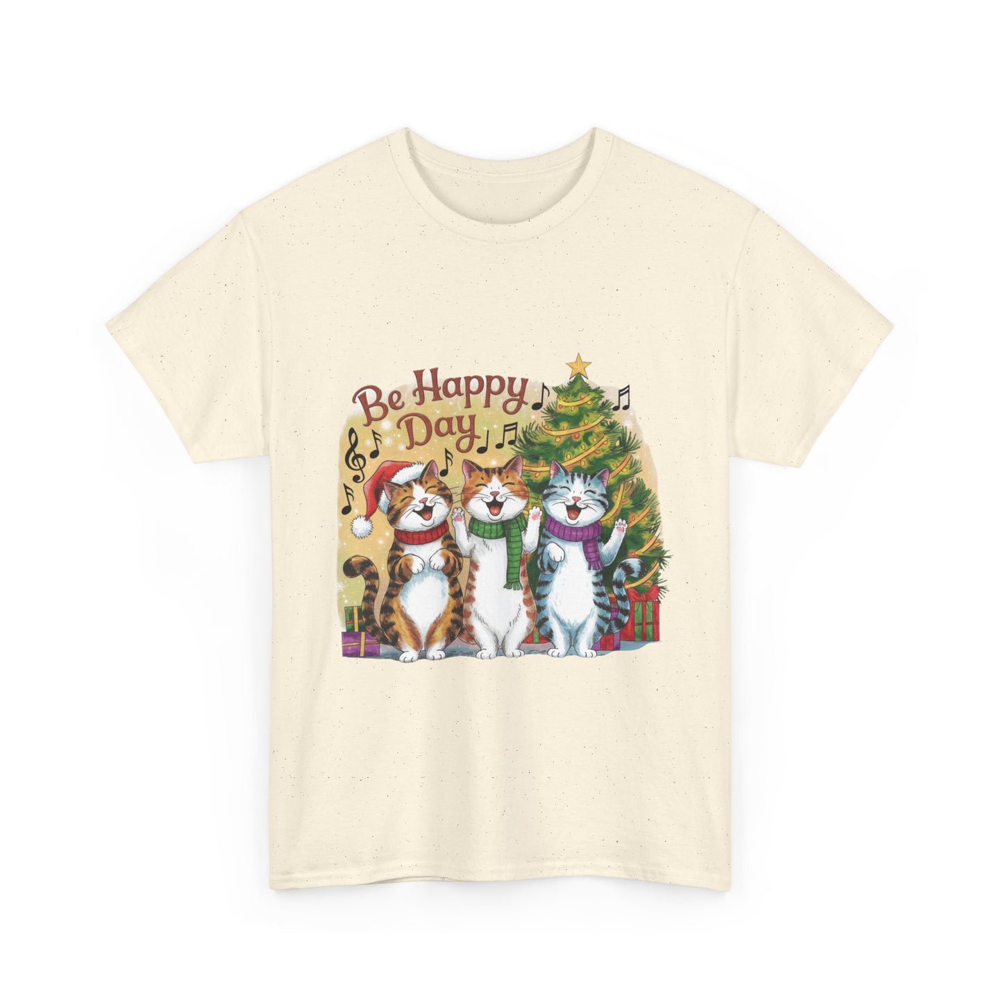 Be Happy Day Unisex Heavy Cotton Tee - Festive Cat Design