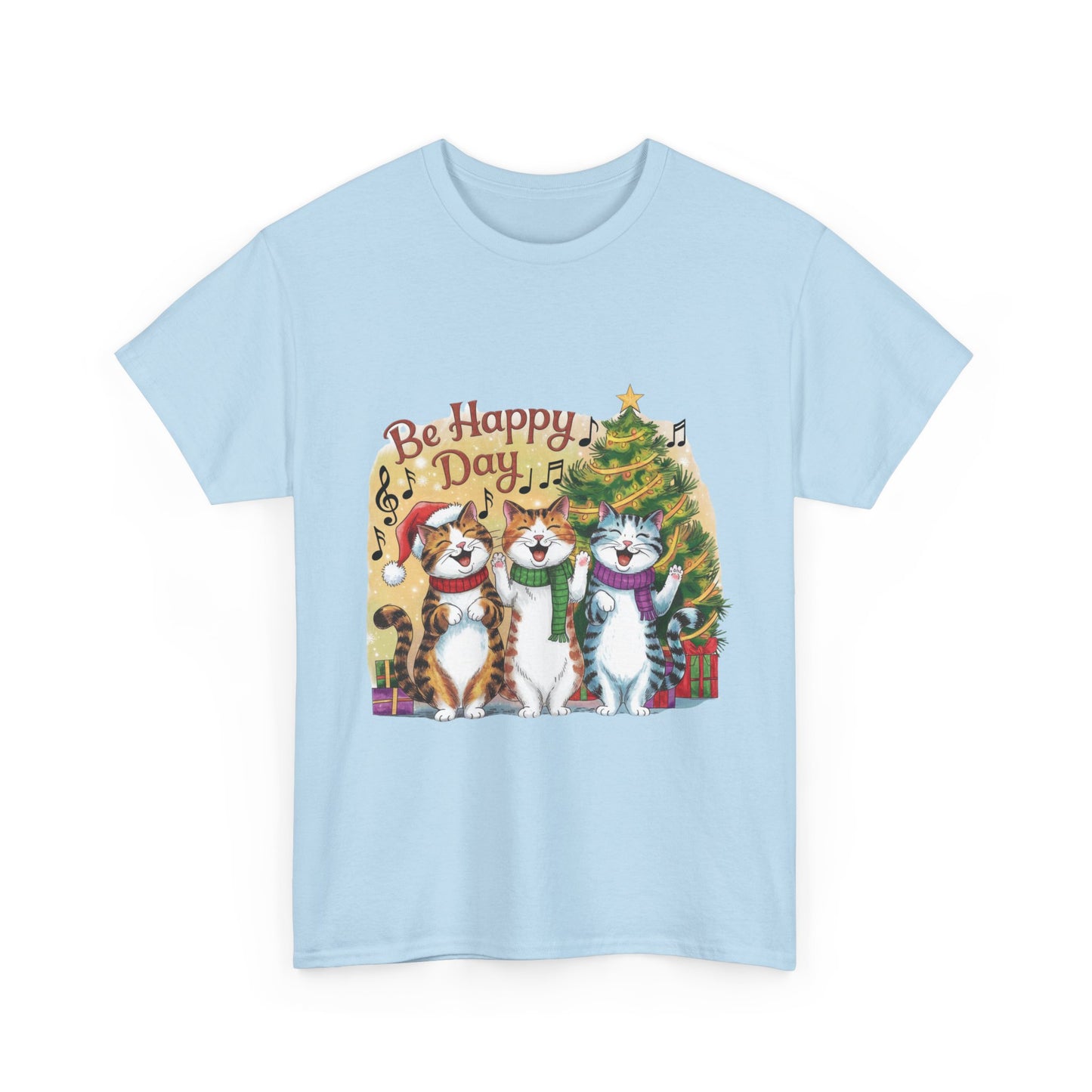 Be Happy Day Unisex Heavy Cotton Tee - Festive Cat Design