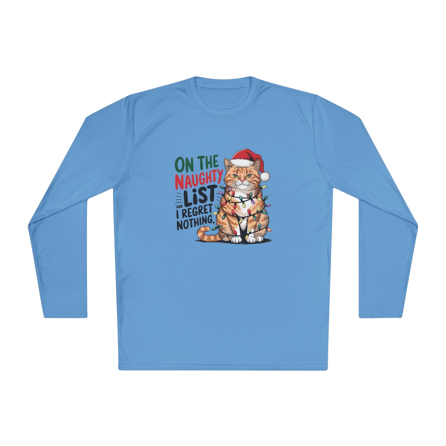 Holiday Cat Unisex Lightweight Long Sleeve Tee - 'On the Naughty List, I Regret Nothing'