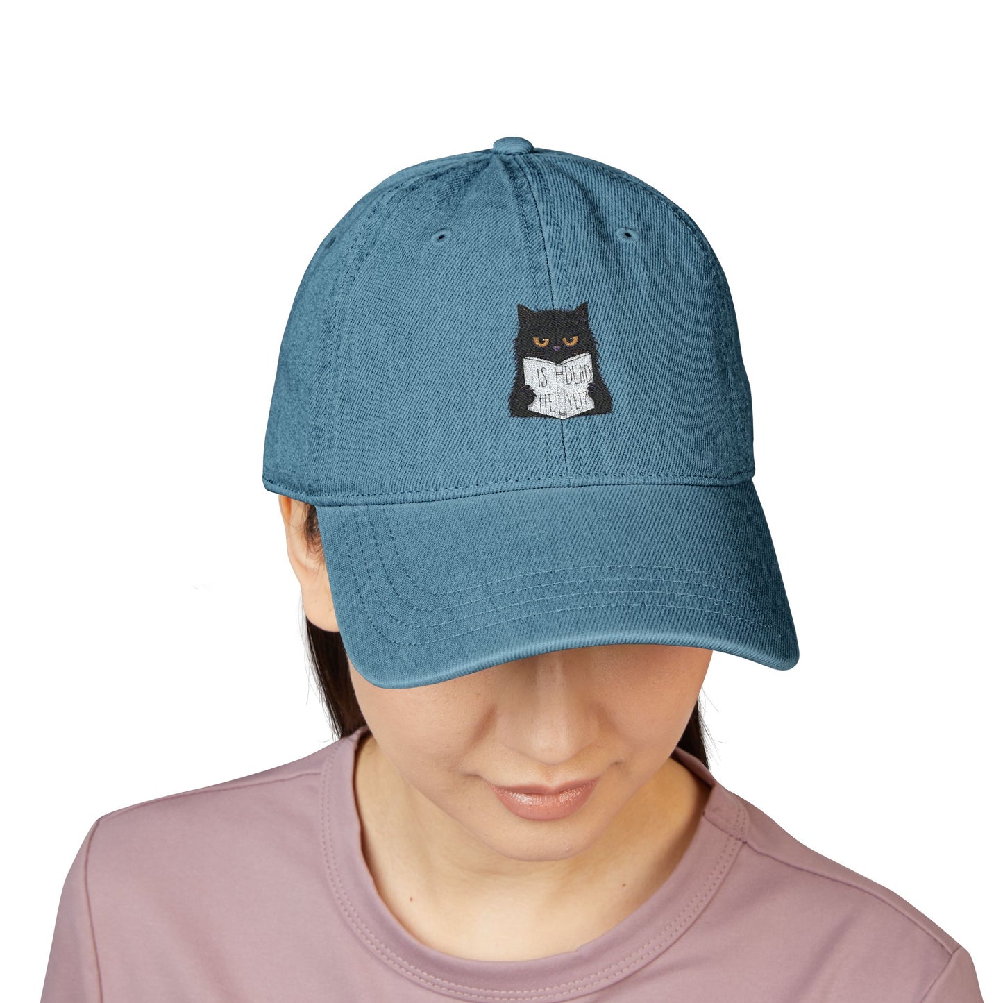 Embroidered Denim Hat - Cat Reading Newspaper 'Is He Dead Yet'